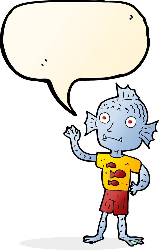cartoon waving fish boy with speech bubble vector