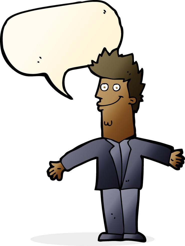 cartoon happy man with open arms with speech bubble vector