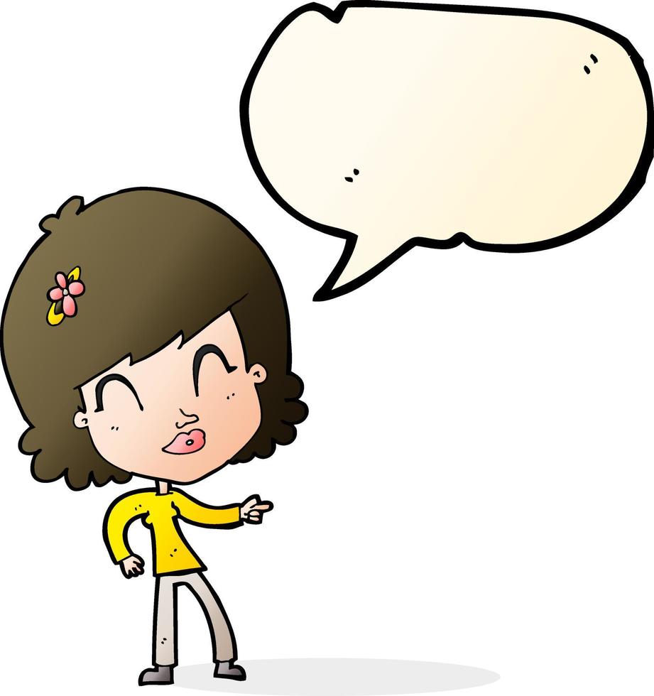 cartoon happy woman pointing with speech bubble vector