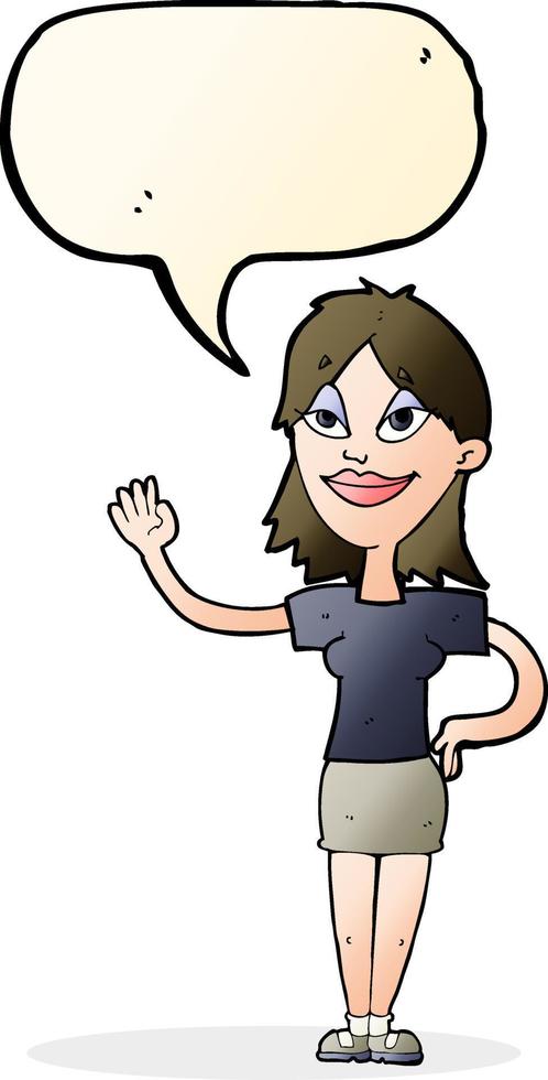 cartoon woman waving with speech bubble vector