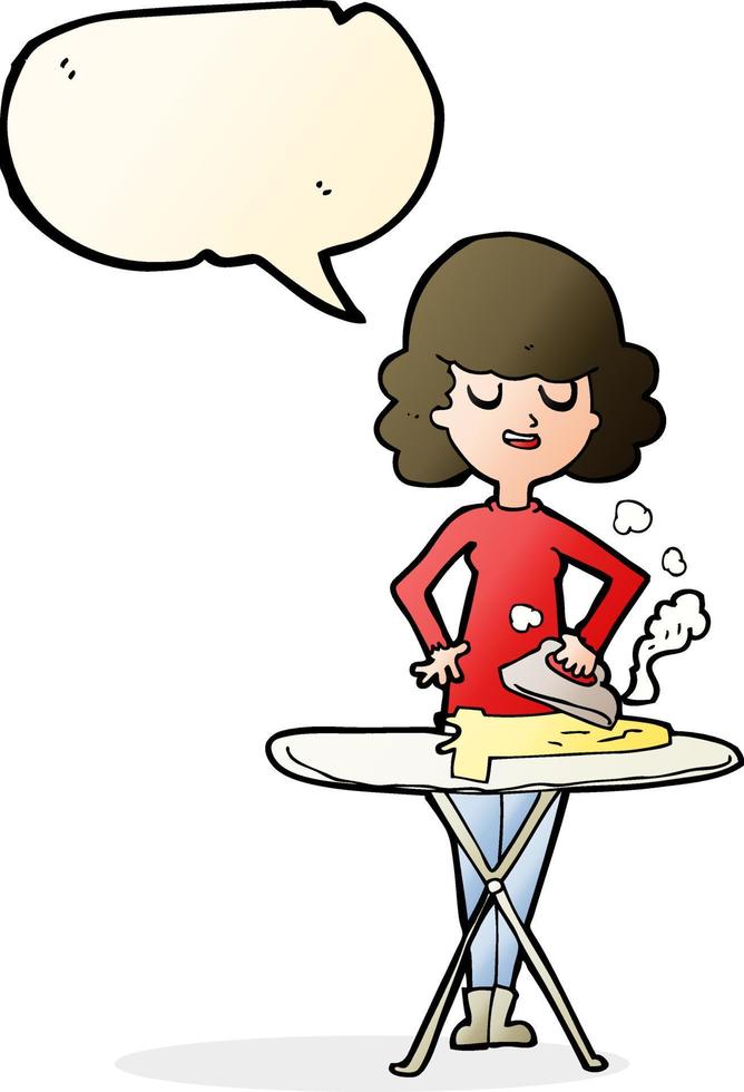 cartoon woman ironing with speech bubble vector