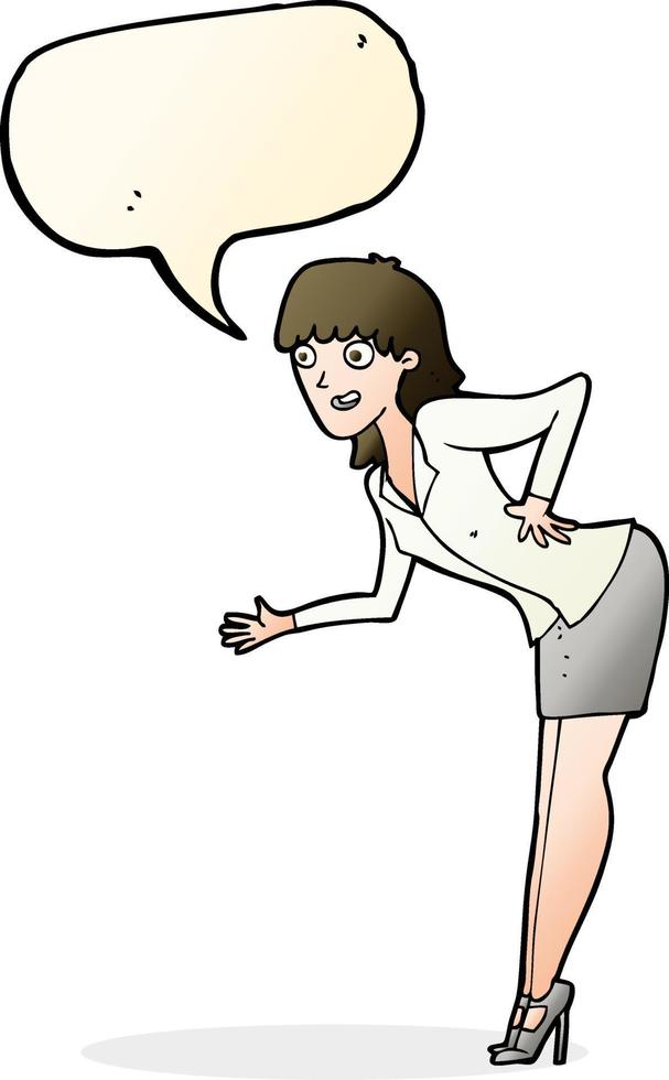 caricatura, mujer de negocios, explicar, con, burbuja del discurso vector