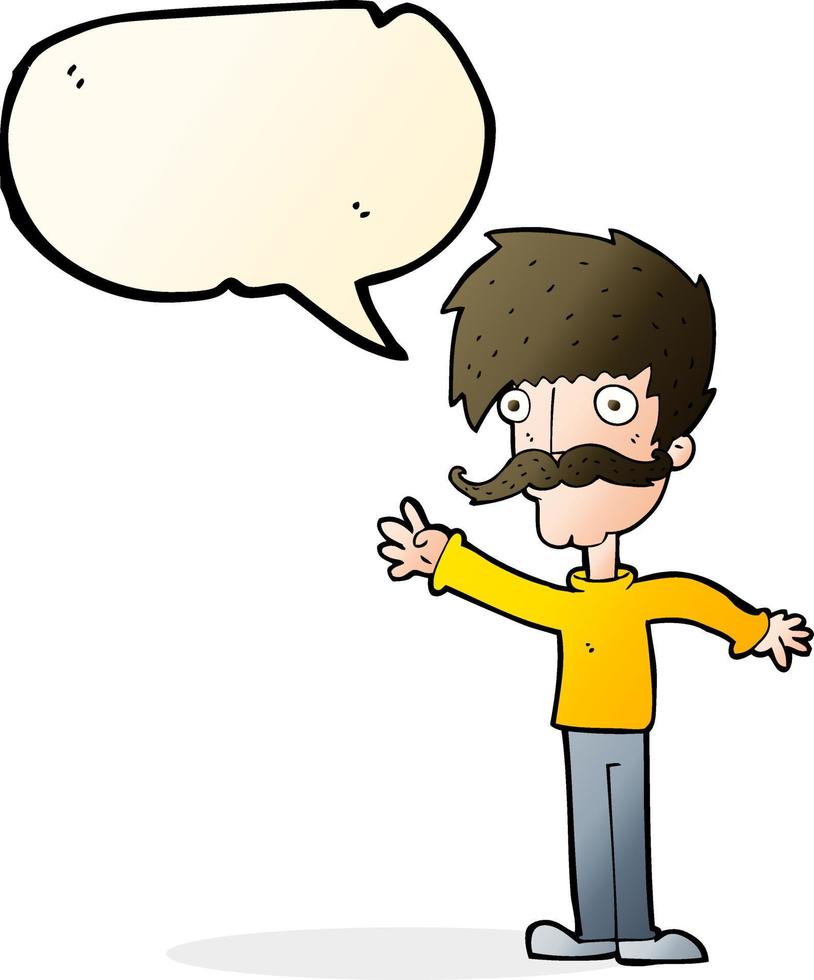 cartoon waving mustache man with speech bubble vector