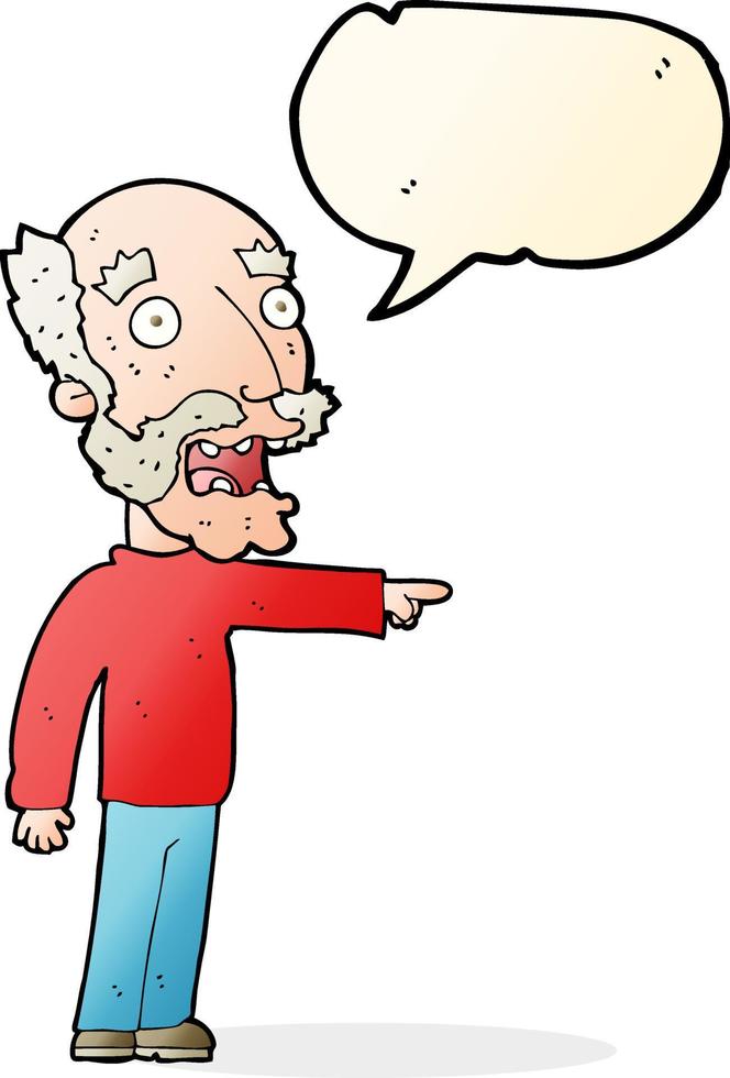 cartoon scared old man pointing with speech bubble vector