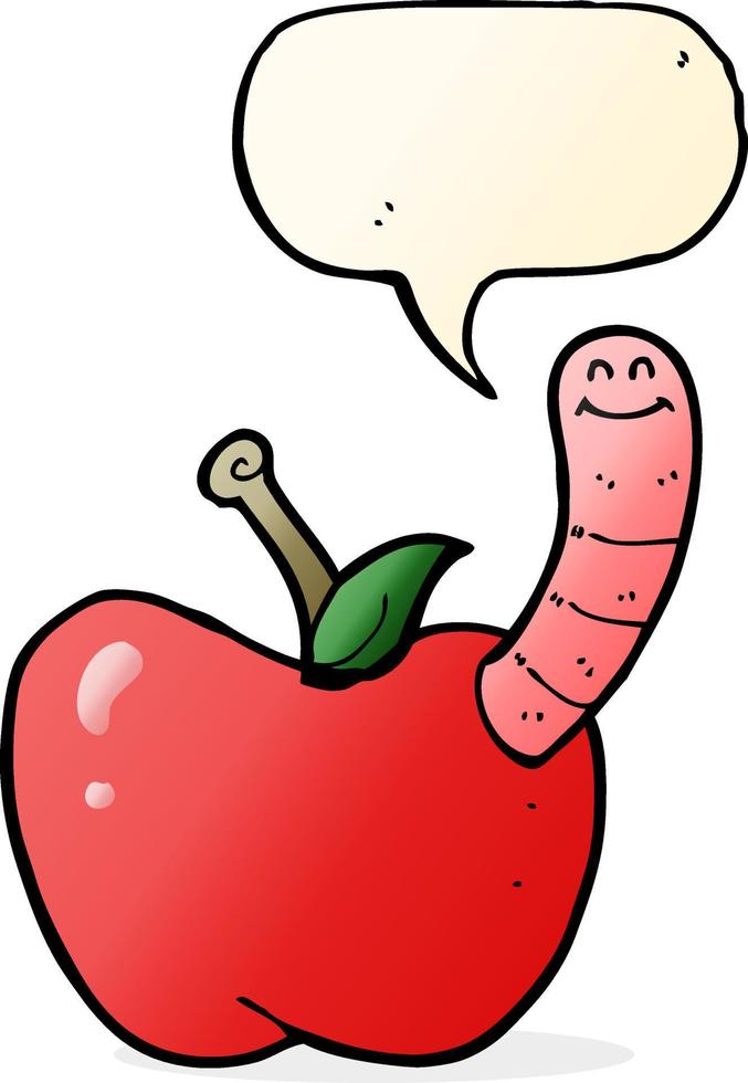 caricatura, manzana, con, gusano, con, burbuja del discurso vector