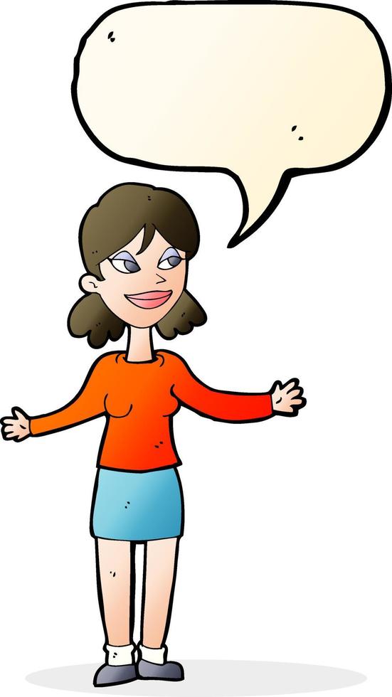 cartoon happy woman shrugging shoulders with speech bubble vector