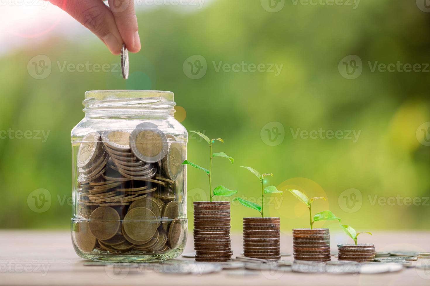 Hand putting money coin. Money coin stack growing graph with piggy bank saving concept. business finance and saving money investment, plant growing up on coin. Balance savings and investment. photo
