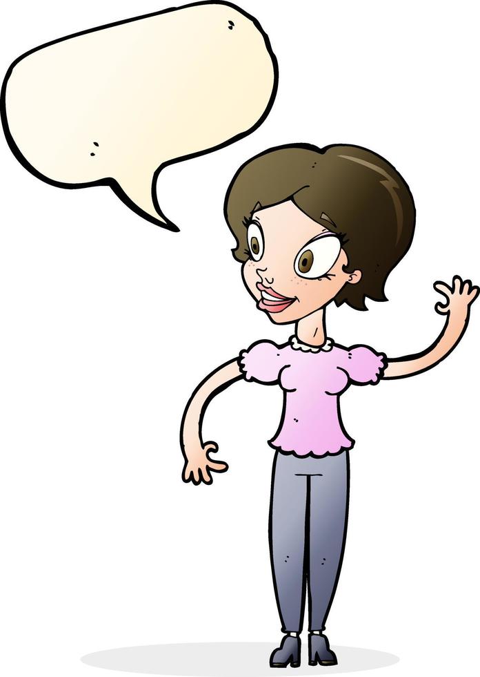 cartoon woman waving with speech bubble vector