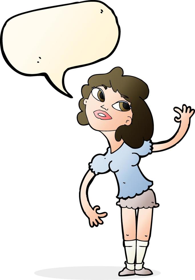 cartoon woman waving with speech bubble vector