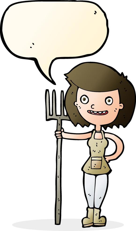 caricatura, feliz, granjero, niña, con, burbuja del discurso vector