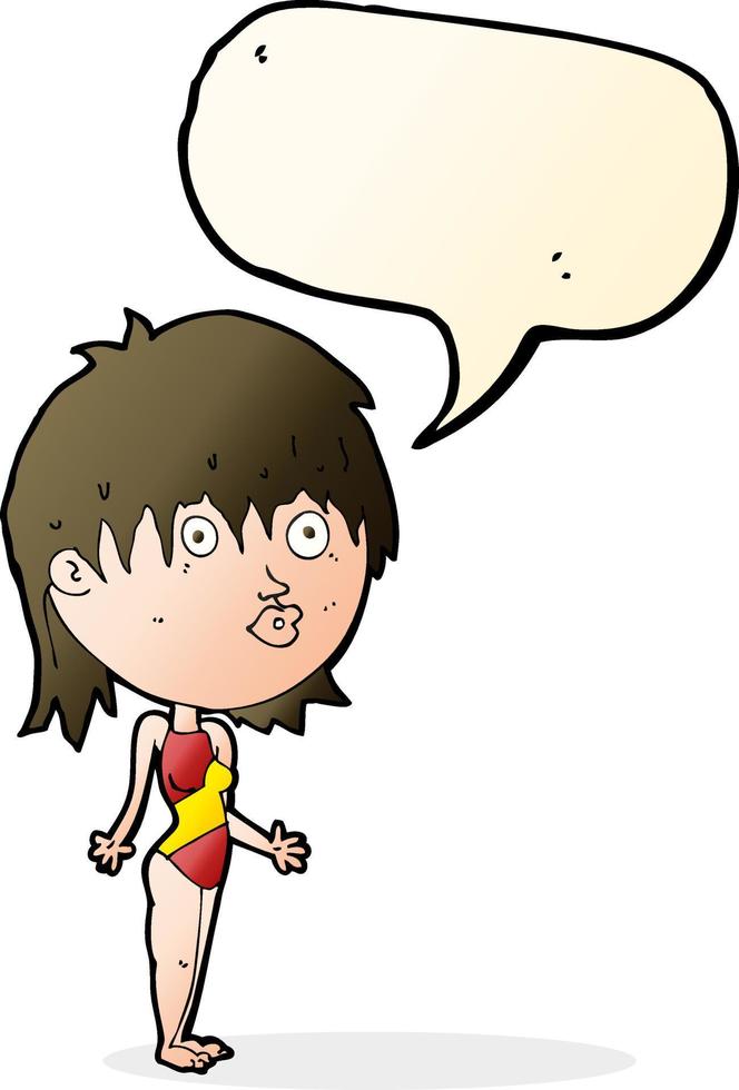 cartoon woman in swimsuit shrugging shoulders with speech bubble vector