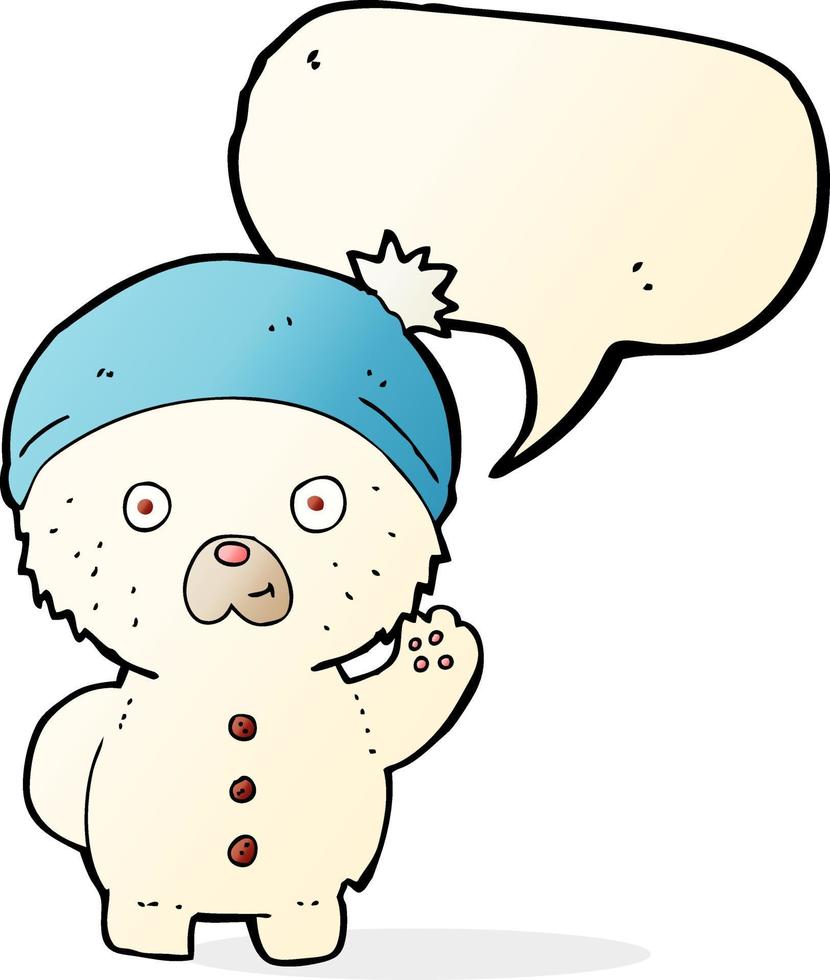 cartoon waving polar teddy bear in winter hat with speech bubble vector