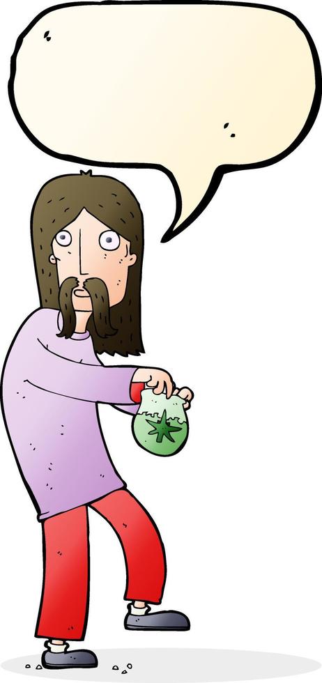 cartoon hippie man with bag of weed with speech bubble vector