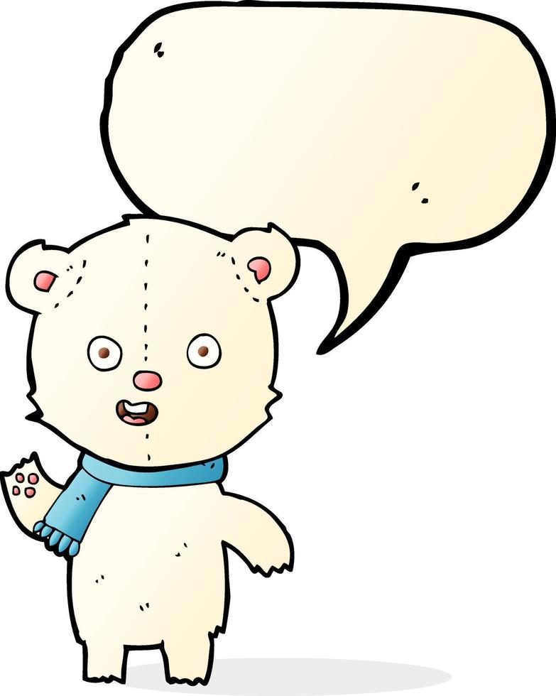 cartoon waving polar bear cub with scarf with speech bubble vector