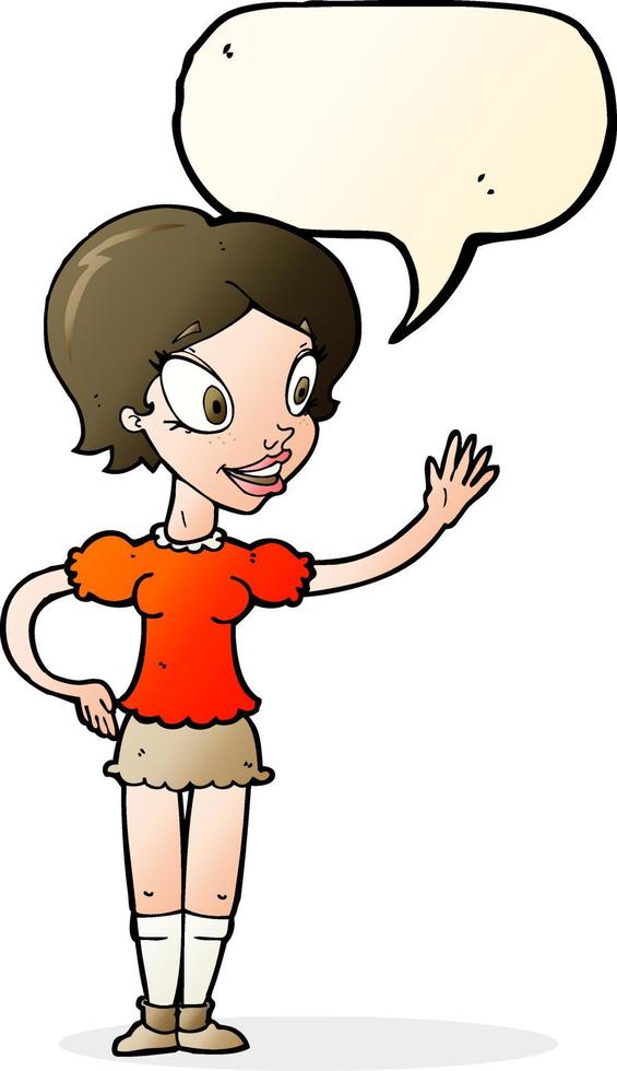 cartoon waving woman with speech bubble vector