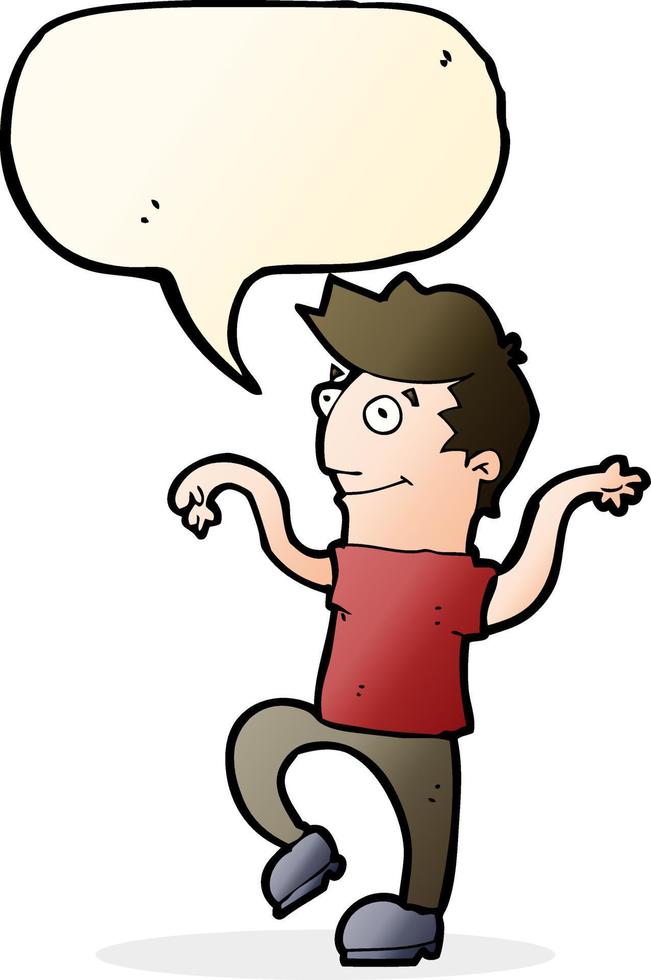 cartoon happy man doing funny dance with speech bubble vector