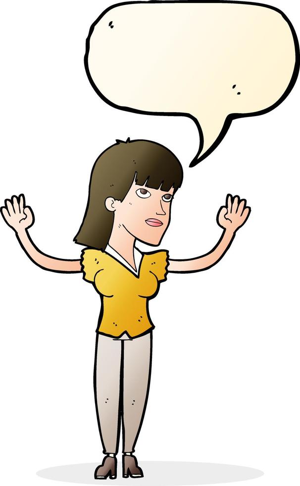 cartoon woman throwing hands in air with speech bubble vector