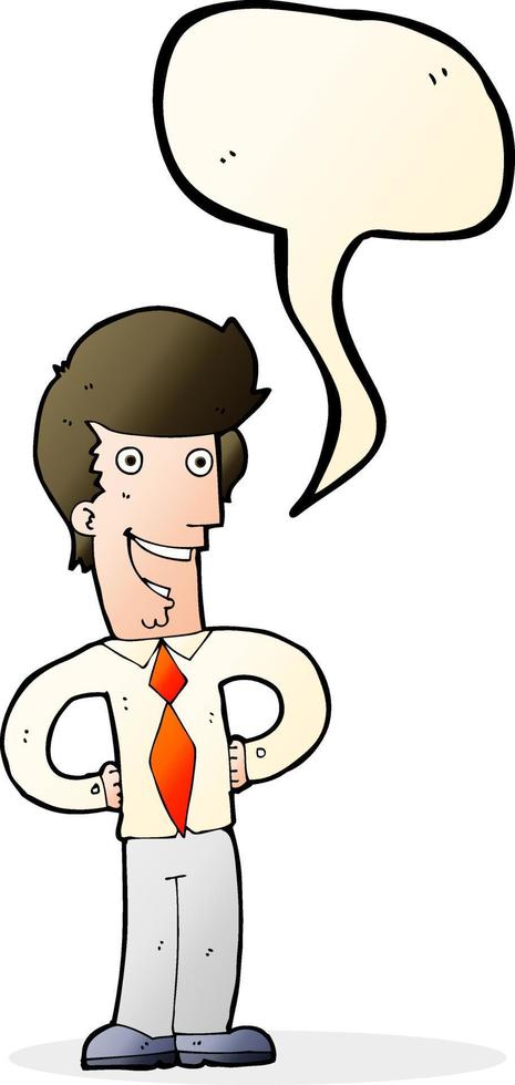 caricatura, hombre feliz, con, burbuja del discurso vector