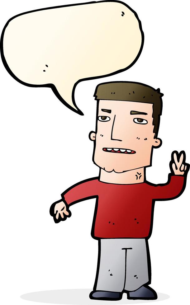 cartoon man giving peace sign with speech bubble vector