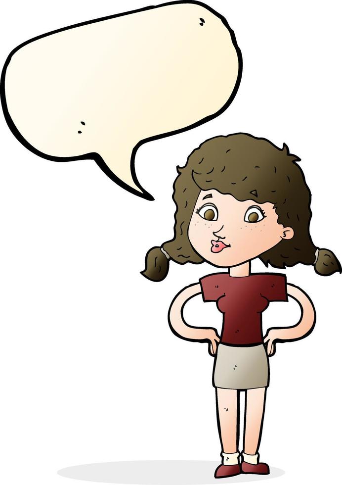 cartoon pretty girl with hands on hips with speech bubble vector