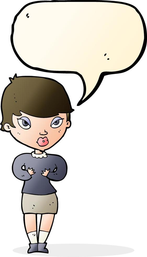 cartoon woman gesturing at self with speech bubble vector