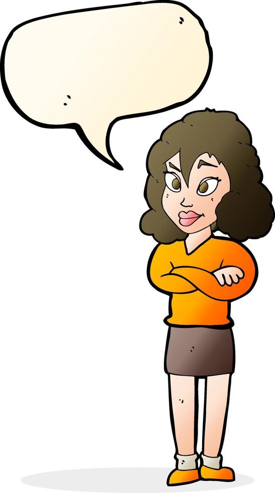 cartoon woman with crossed arms with speech bubble vector