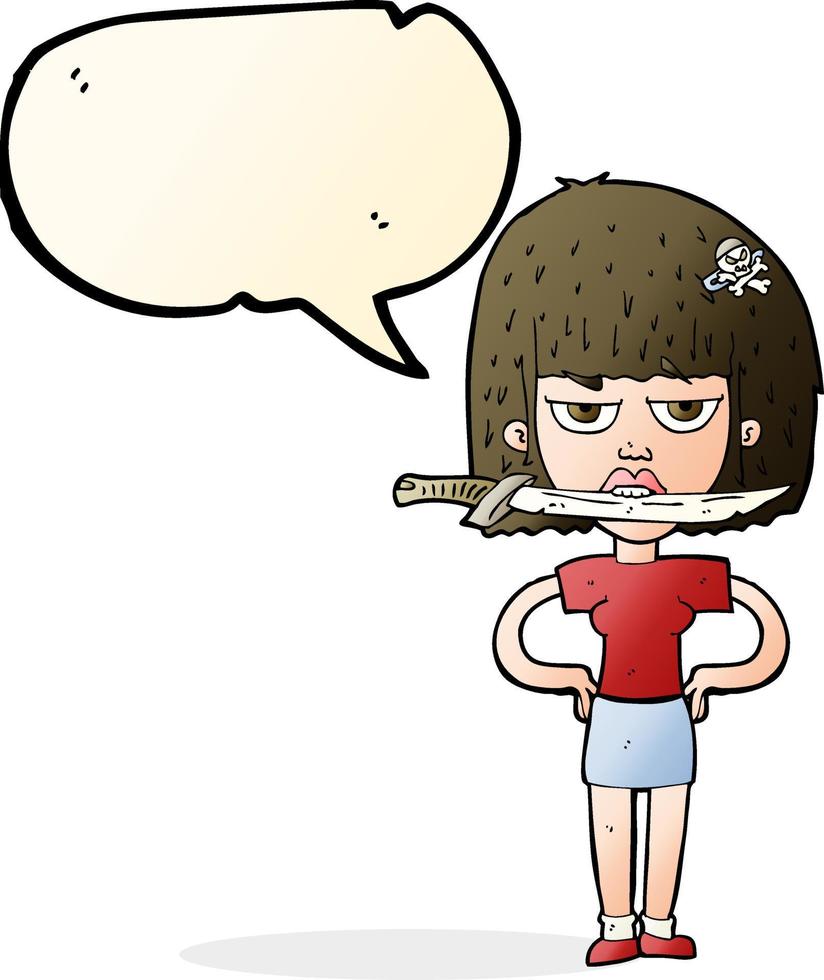 cartoon woman with knife between teeth with speech bubble vector