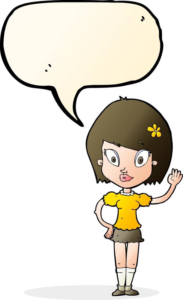 cartoon pretty girl waving with speech bubble vector