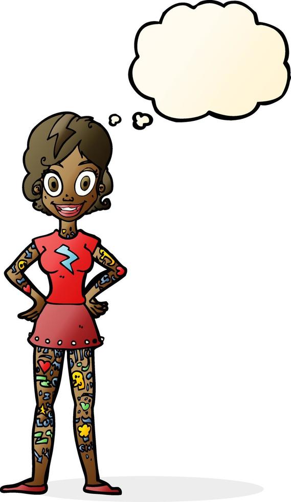 cartoon woman with heavy tattoos with thought bubble vector