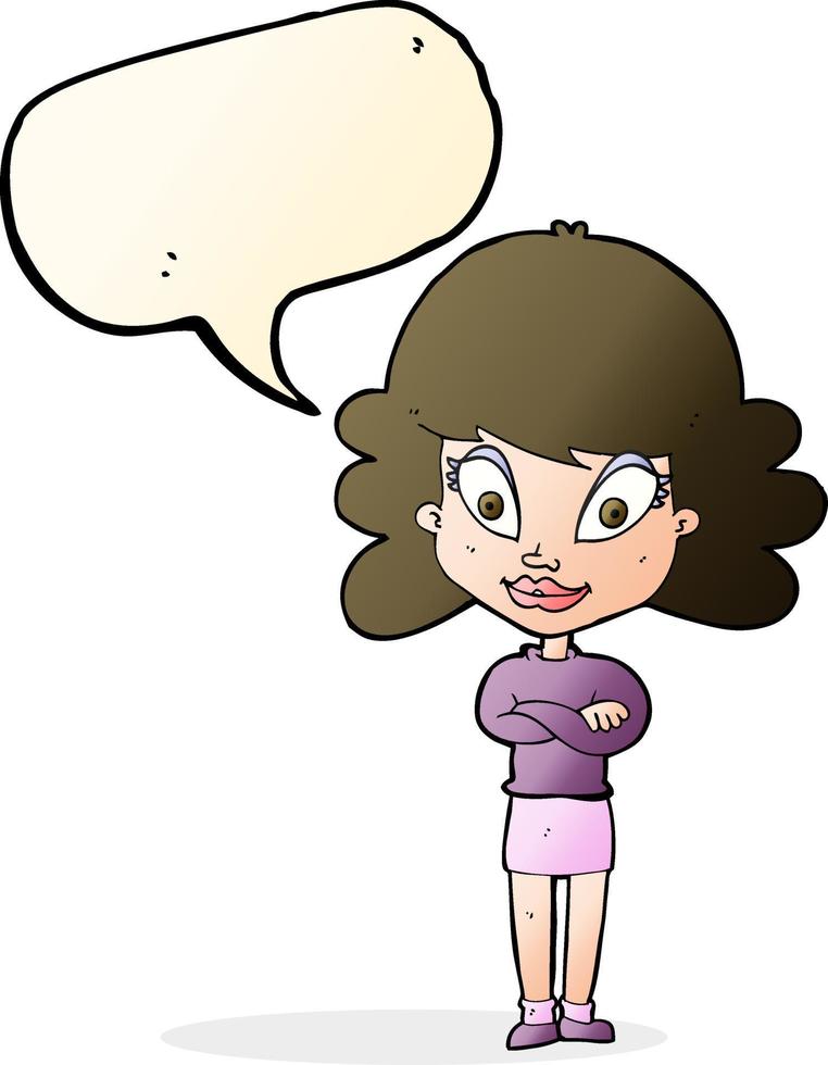 cartoon happy woman with folded arms with speech bubble vector
