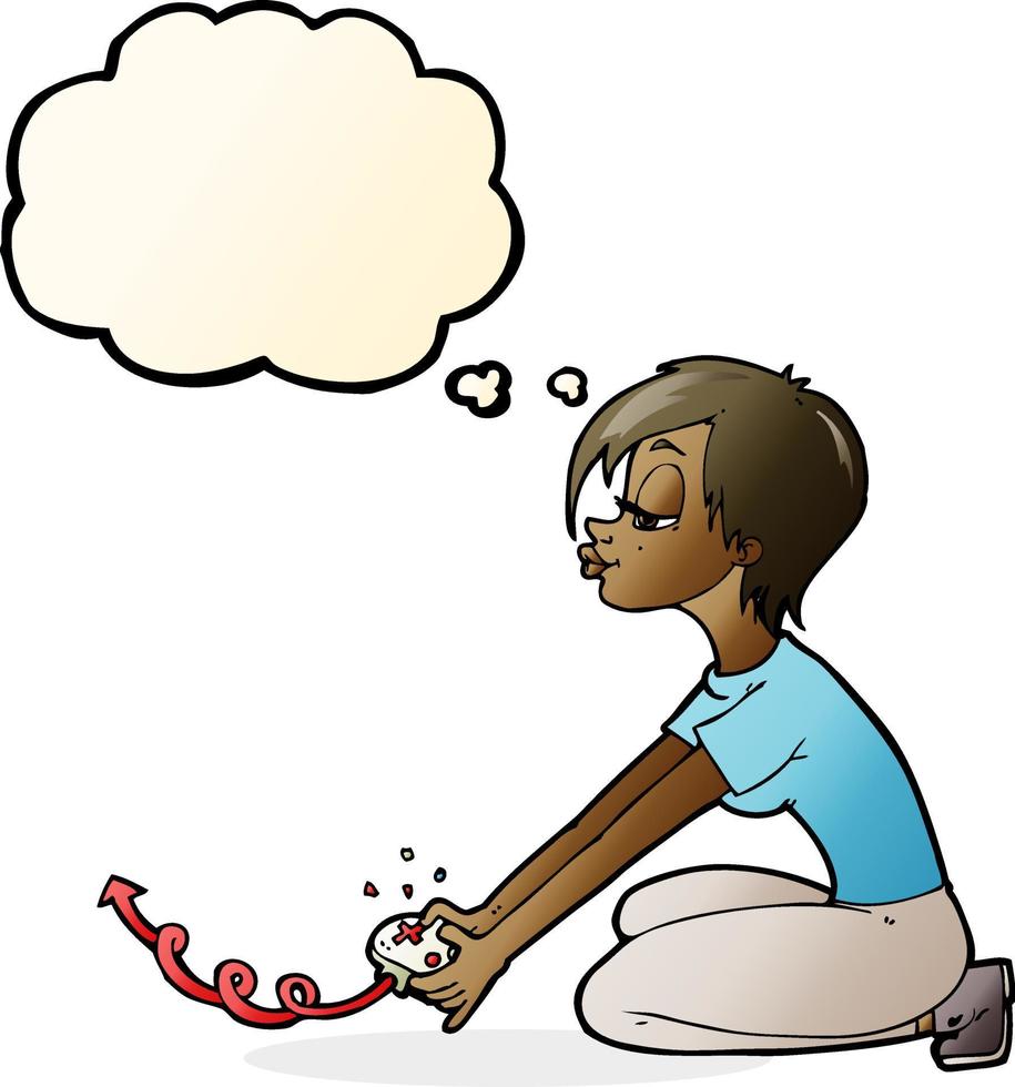 cartoon girl playing computer games with thought bubble vector