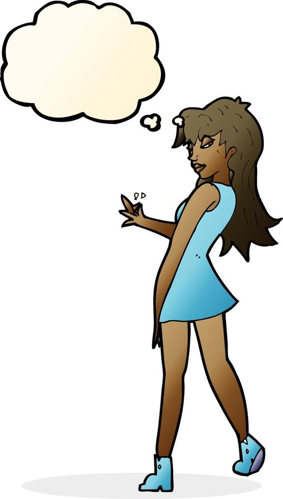 cartoon woman posing in dress with thought bubble vector