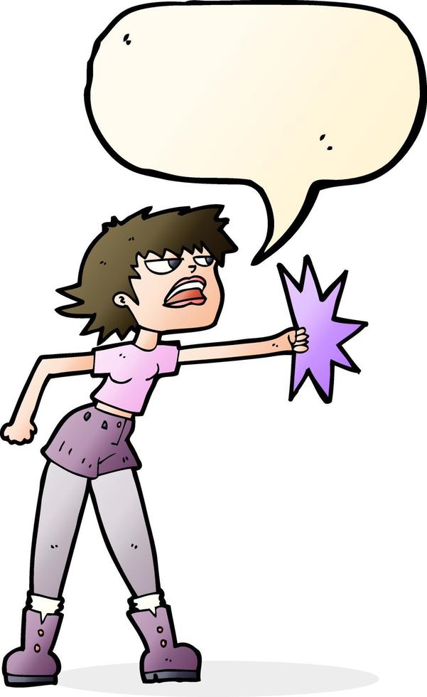 cartoon woman punching with speech bubble vector