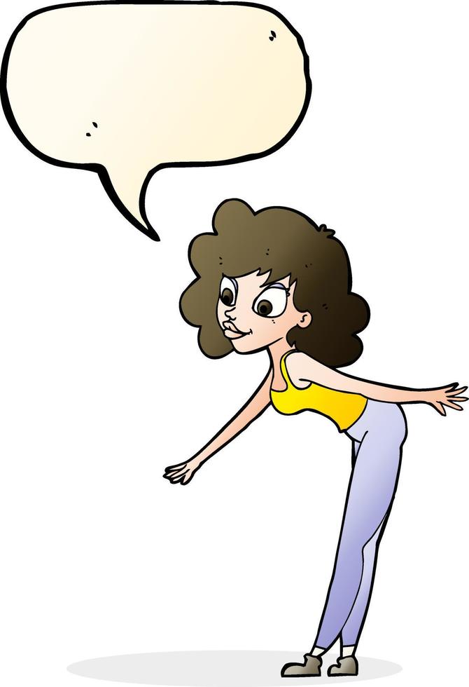 cartoon woman reaching to pick something up with speech bubble vector