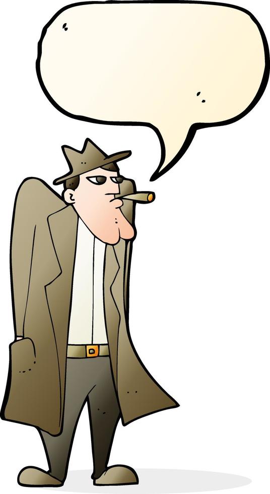 cartoon man in hat and trench coat with speech bubble vector