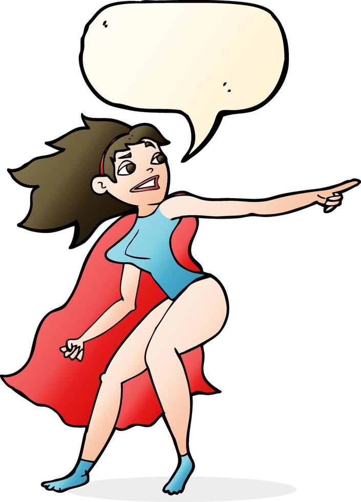 mujer superhéroe de dibujos animados señalando con burbujas de discurso vector