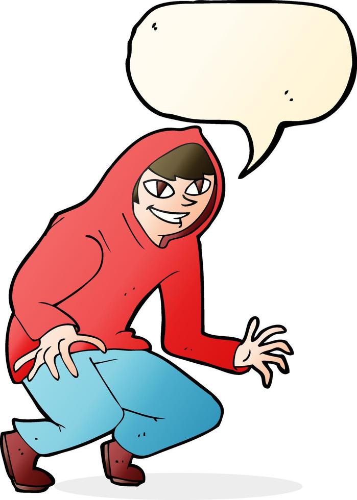 cartoon mischievous boy in hooded top with speech bubble vector