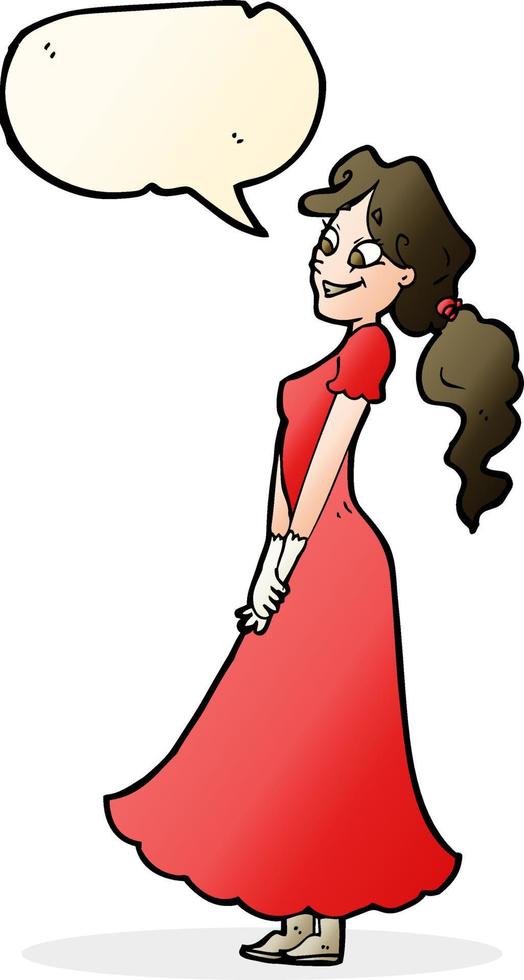 cartoon pretty woman in dress with speech bubble vector