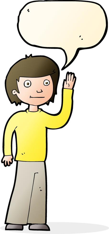 cartoon friendly boy waving with speech bubble vector