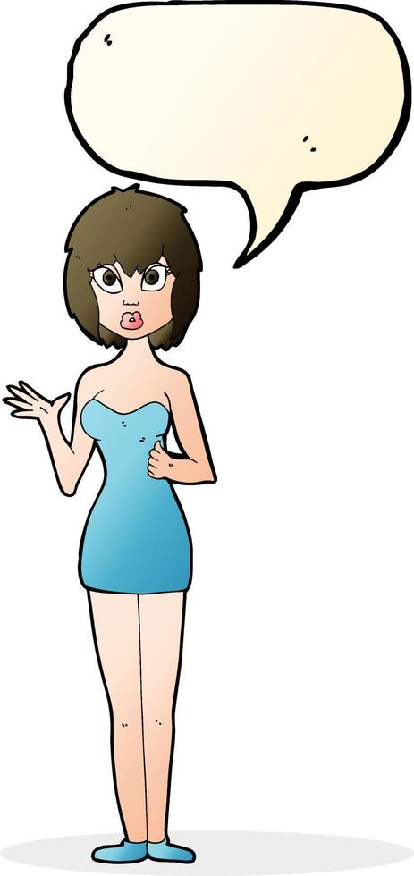 cartoon confused woman in cocktail dress with speech bubble vector