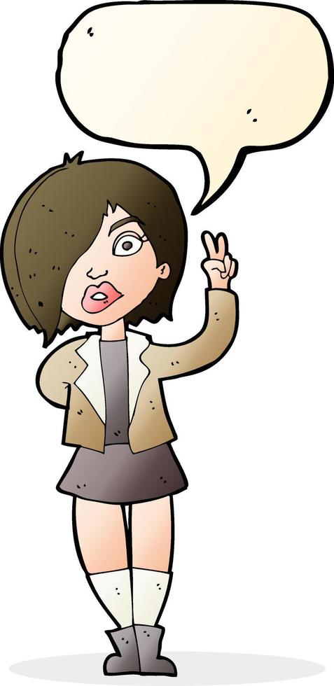 cartoon cool girl giving peace sign with speech bubble vector