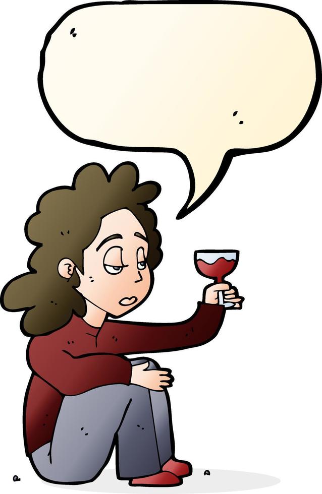 cartoon unhappy woman with glass of wine with speech bubble vector