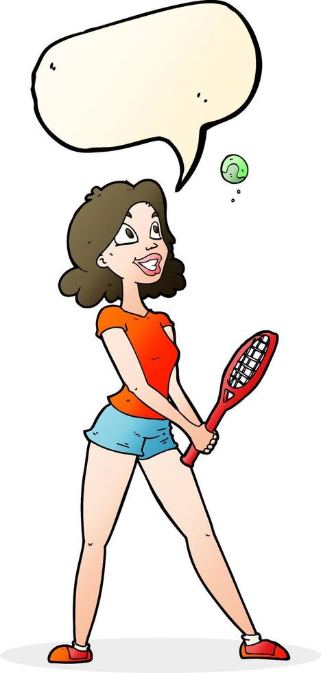 cartoon woman playing tennis with speech bubble vector