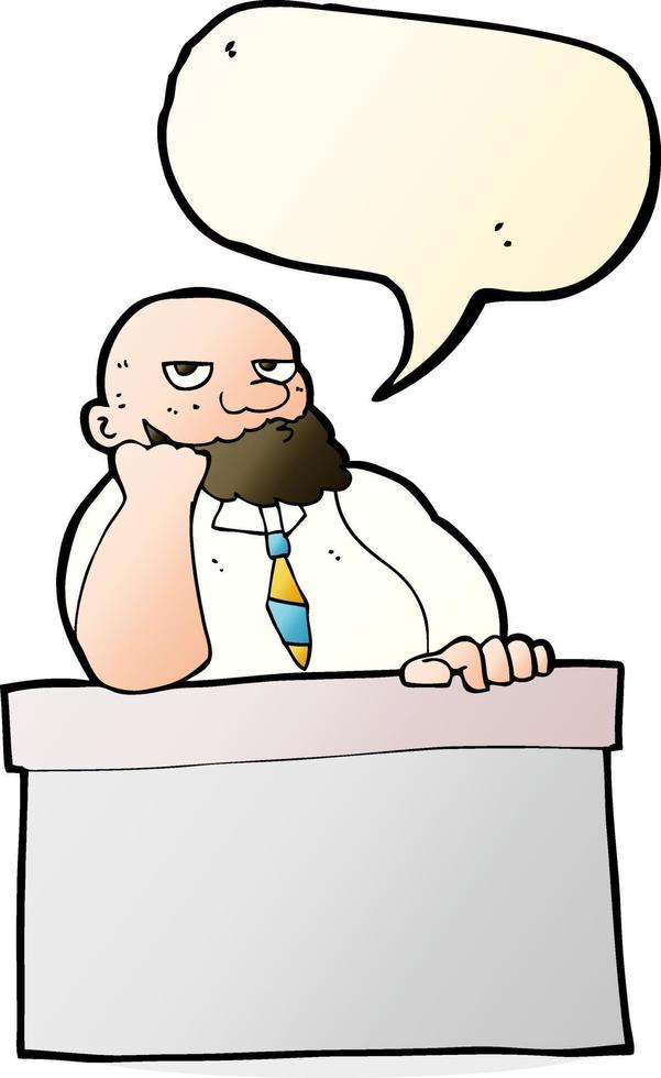 cartoon bored man at desk with speech bubble vector