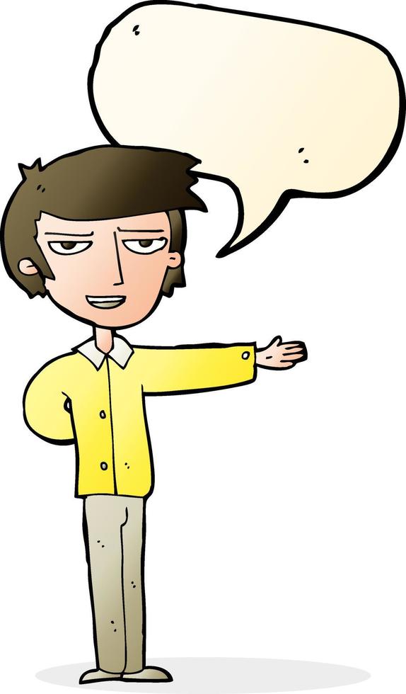 cartoon man gesturing welcome with speech bubble vector