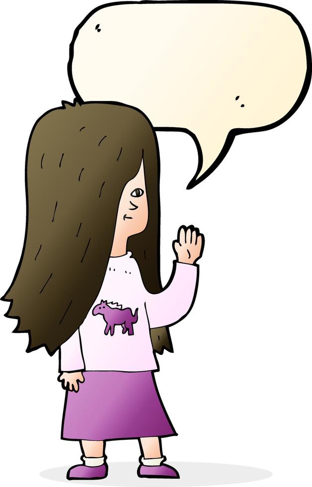 cartoon girl with pony shirt waving with speech bubble vector
