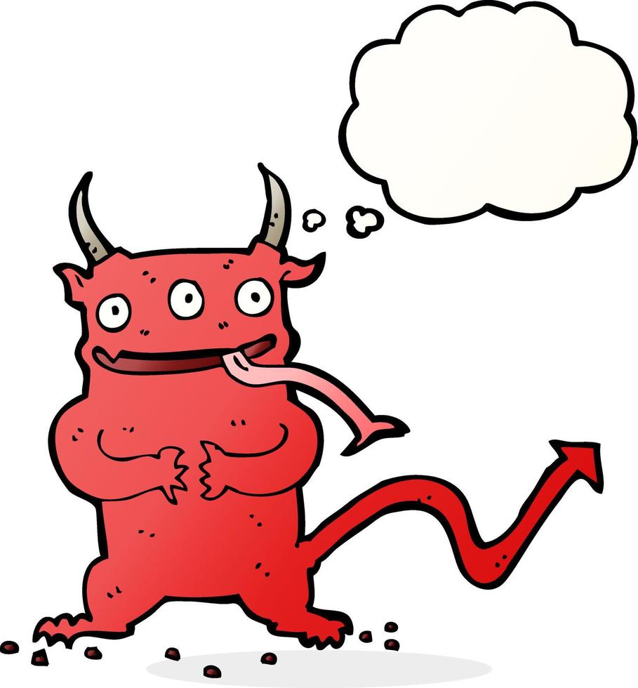 cartoon little demon with thought bubble vector