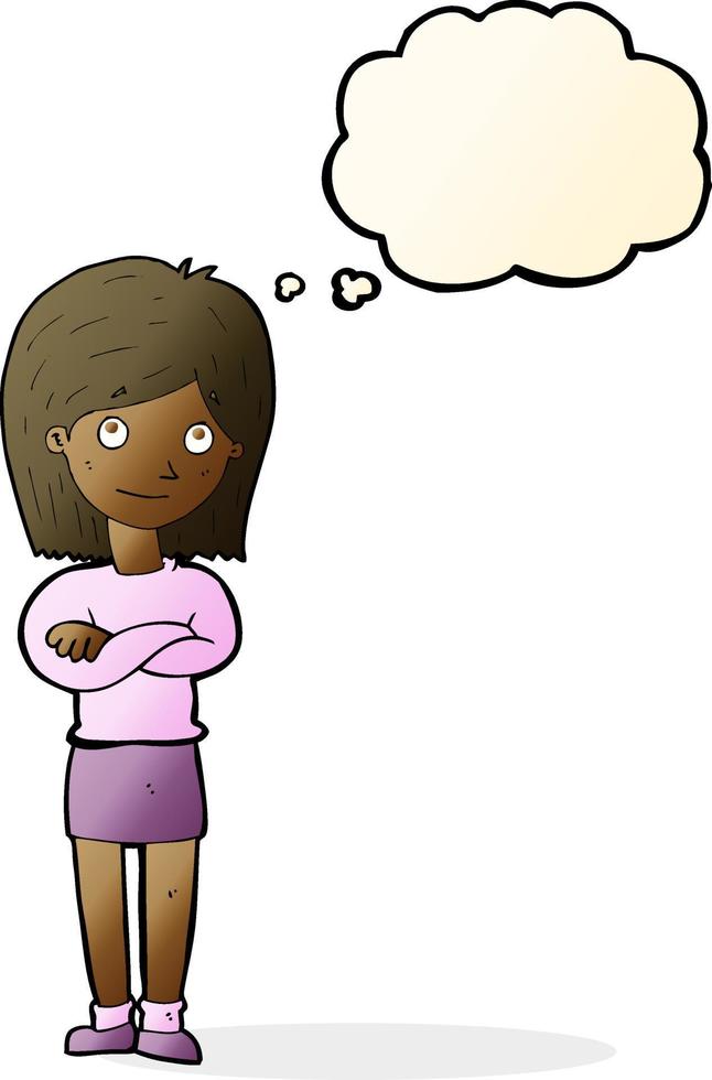 cartoon friendly girl rolling eyes with thought bubble vector