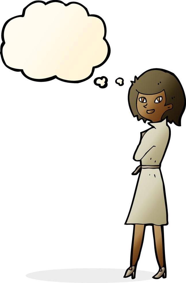 cartoon woman in trench coat with thought bubble vector