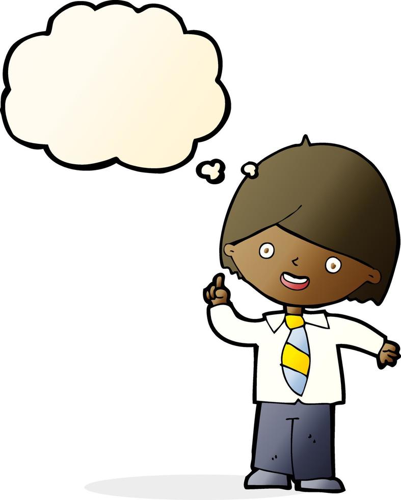 cartoon school boy answering question with thought bubble vector